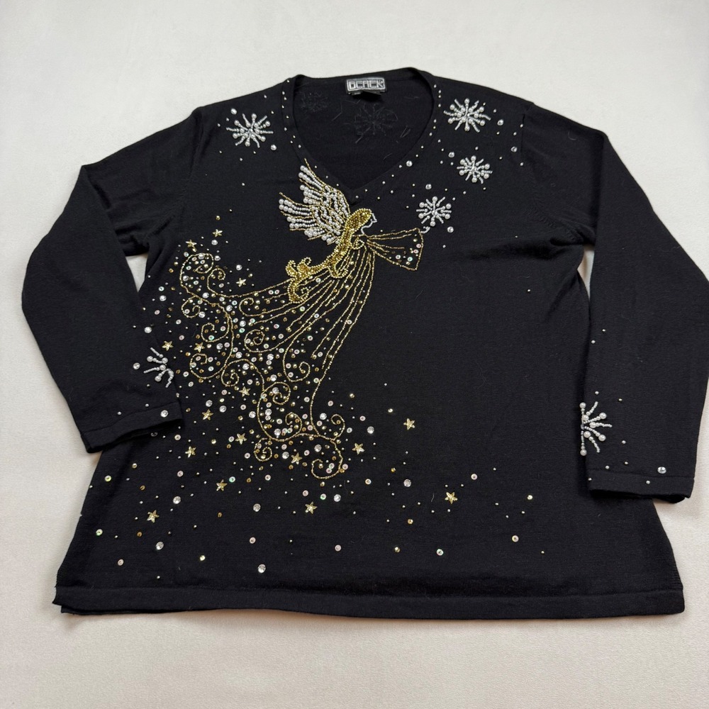 Berek Angel Beaded Christmas Sweater Womens 1XL Black Ramie Cotton V-Neck Top